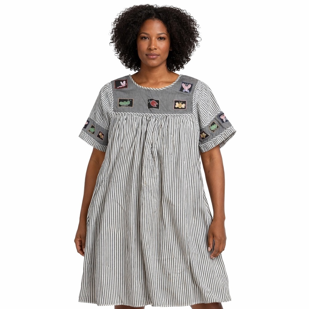 Cabernet Striped Embroidered Midi Dress Artsy Cottagecore Large